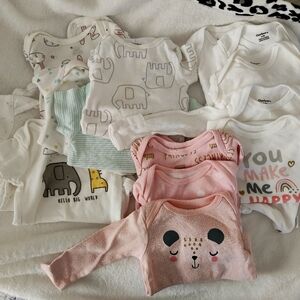 Bundle: baby onesies and swaddles 0-3 mths short and long sleeve